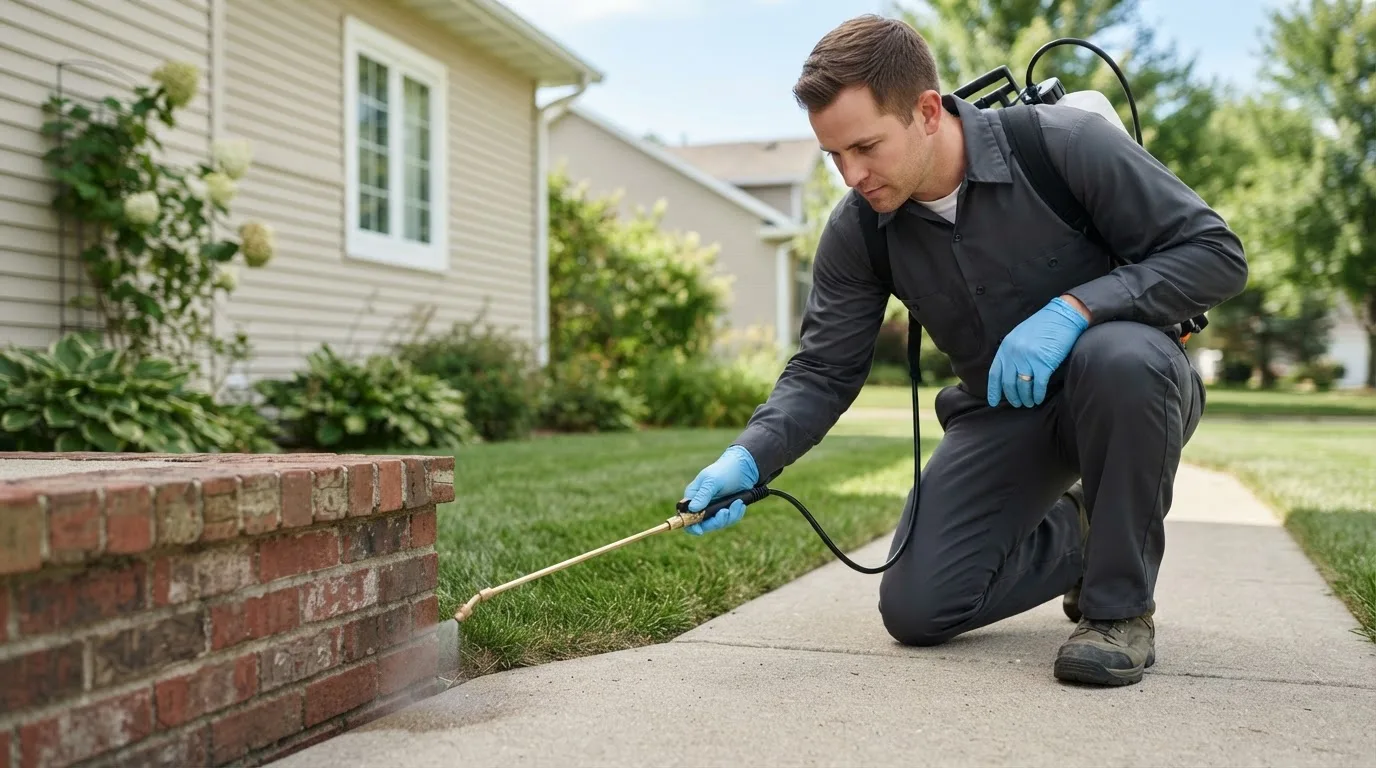 Pest control technician treating a home near New Hampton, IA