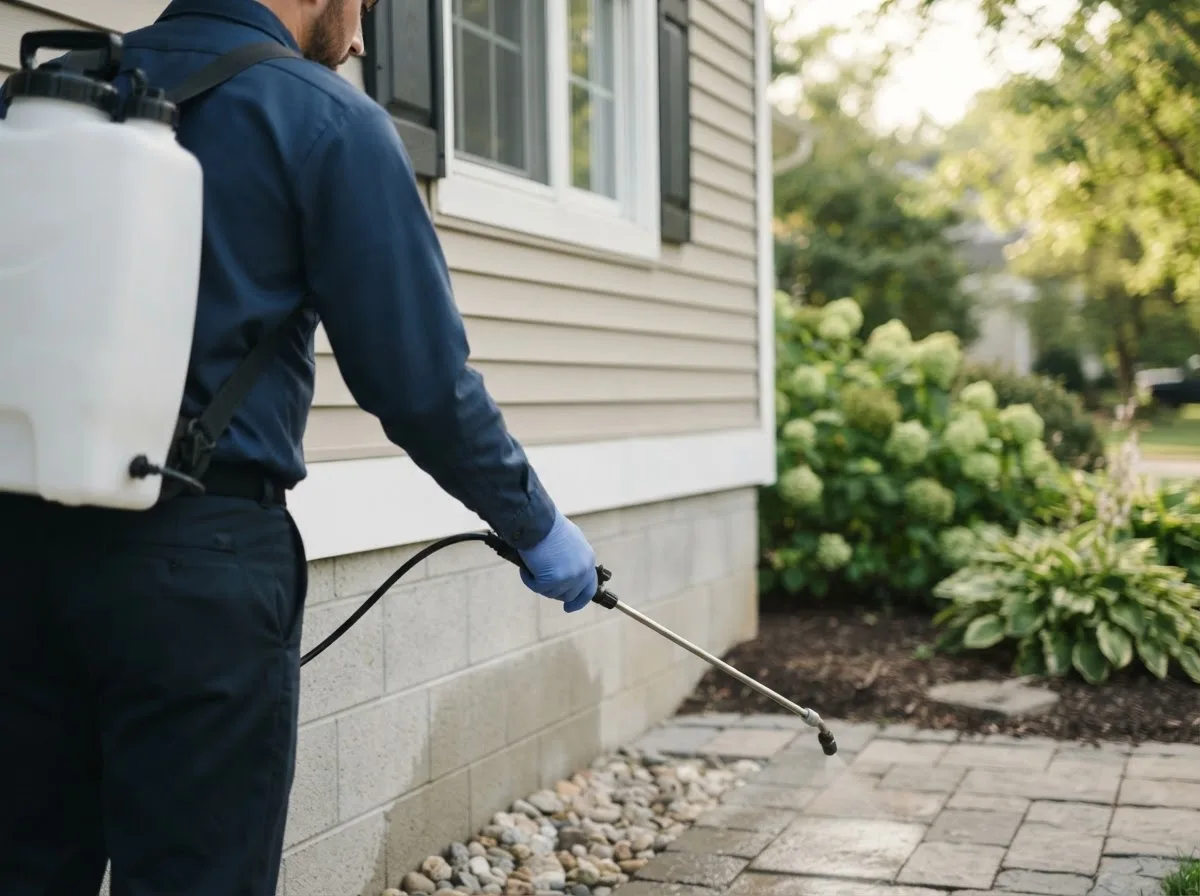 Pest control technician inspecting a home in New Hampton, IA
